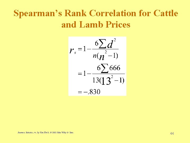 Spearman’s Rank Correlation for Cattle and Lamb Prices Business Statistics, 4 e, by Ken