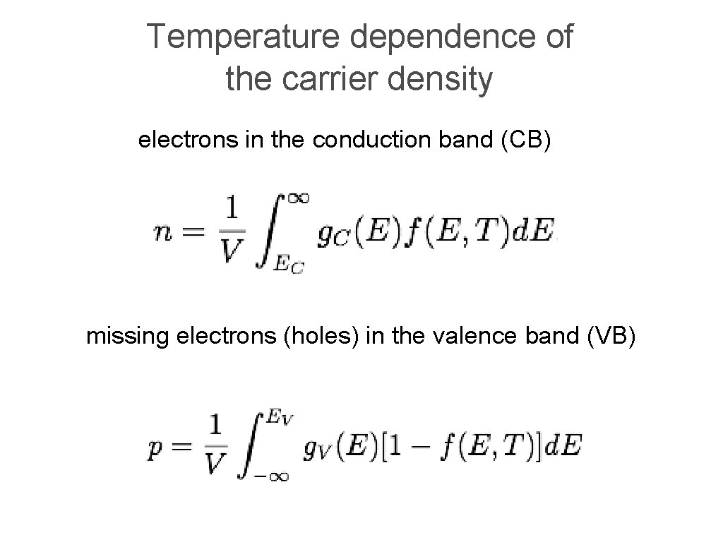 Temperature dependence of the carrier density electrons in the conduction band (CB) missing electrons