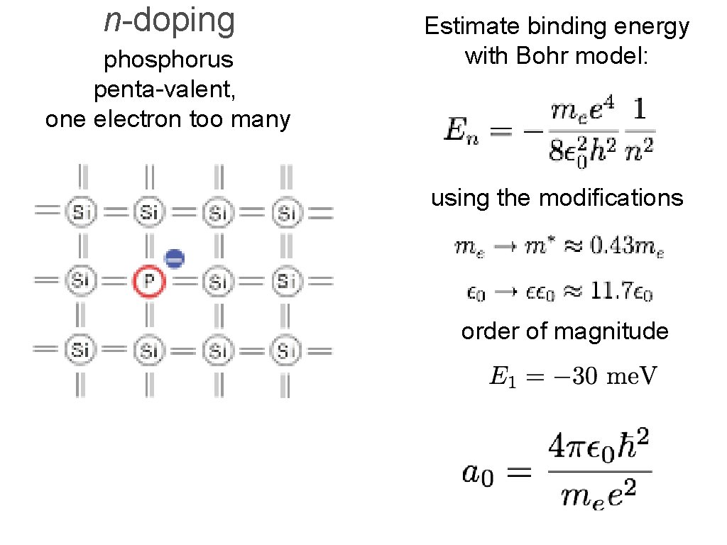 n-doping phosphorus penta-valent, one electron too many Estimate binding energy with Bohr model: using