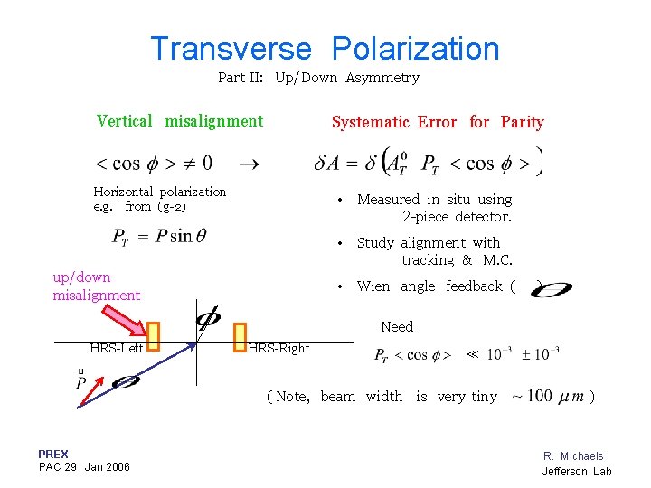 Transverse Polarization Part II: Up/Down Asymmetry Vertical misalignment Systematic Error for Parity Horizontal polarization