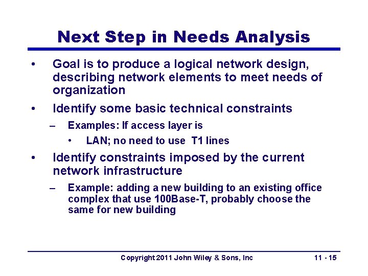Next Step in Needs Analysis • • Goal is to produce a logical network
