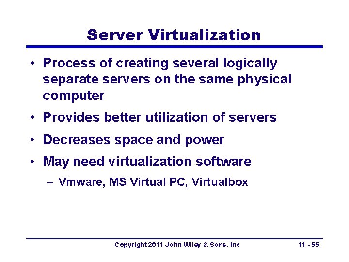 Server Virtualization • Process of creating several logically separate servers on the same physical Server Virtualization • Process of creating several logically separate servers on the same physical