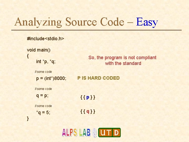 Analyzing Source Code – Easy #include<stdio. h> void main() { int *p, *q; So,