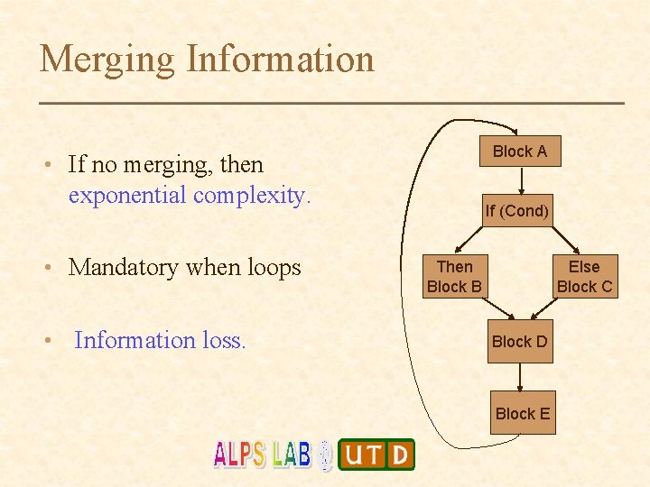 Merging Information Block A • If no merging, then exponential complexity. • Mandatory when