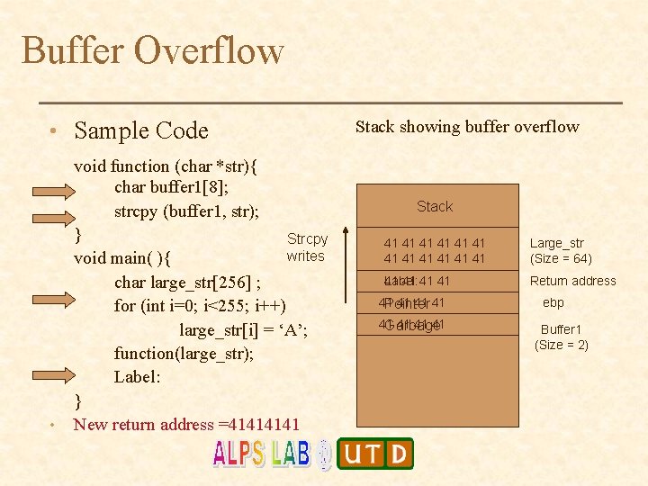 Buffer Overflow • Sample Code • void function (char *str){ char buffer 1[8]; strcpy