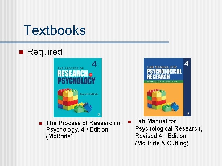 Textbooks n Required n The Process of Research in Psychology, 4 th Edition (Mc.