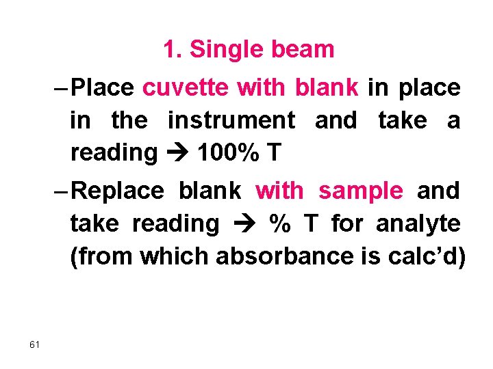 1. Single beam – Place cuvette with blank in place in the instrument and