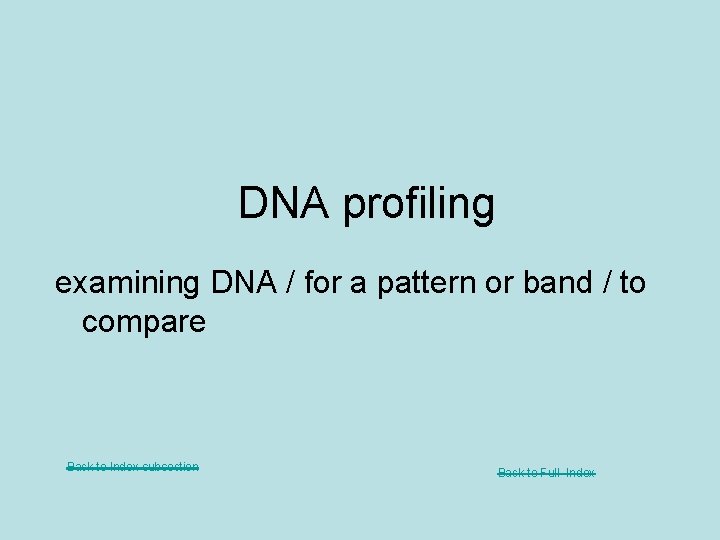 DNA profiling examining DNA / for a pattern or band / to compare Back