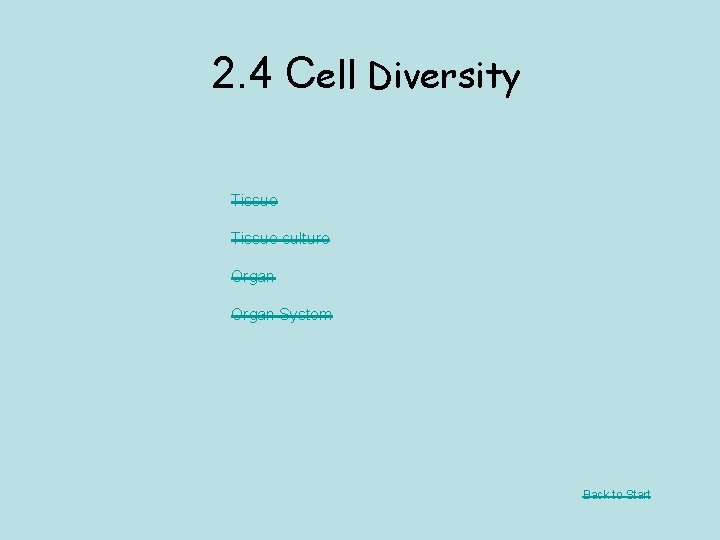 2. 4 Cell Diversity Tissue culture Organ System Back to Start 