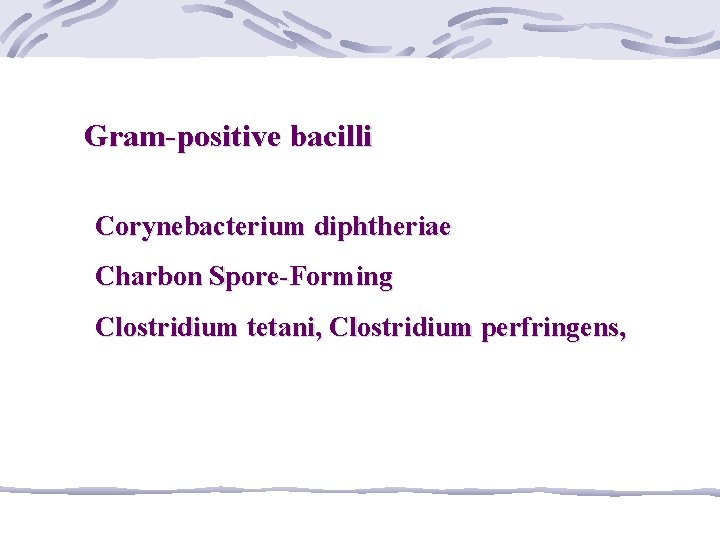 Gram-positive bacilli Corynebacterium diphtheriae Charbon Spore-Forming Clostridium tetani, Clostridium perfringens, 
