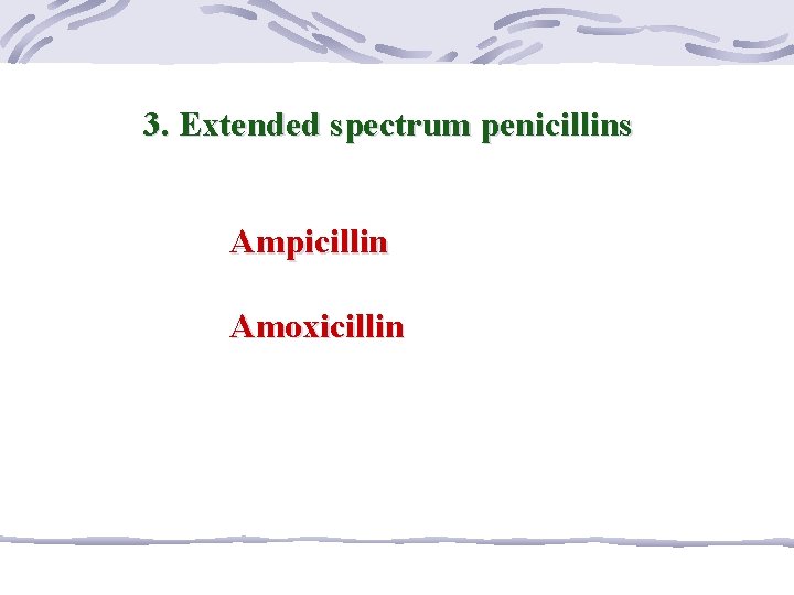 3. Extended spectrum penicillins Ampicillin Amoxicillin 