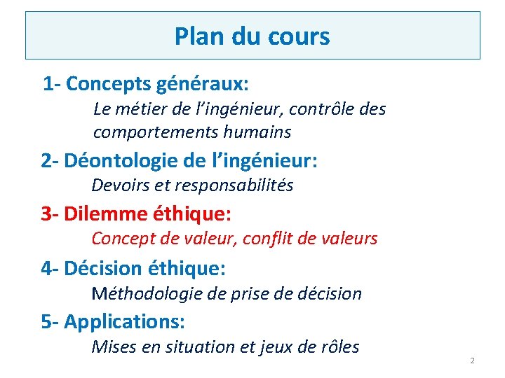 Plan du cours 1 - Concepts généraux: Le métier de l’ingénieur, contrôle des comportements