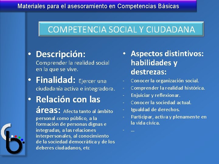 Materiales para el asesoramiento en Competencias Básicas COMPETENCIA SOCIAL Y CIUDADANA • Descripción: Comprender