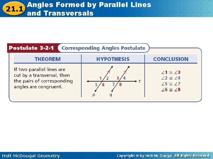 21. 1 Angles Formed by Parallel Lines and Transversals Holt Mc. Dougal Geometry 