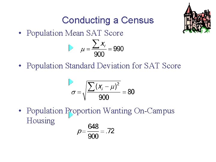 Conducting a Census • Population Mean SAT Score • Population Standard Deviation for SAT Conducting a Census • Population Mean SAT Score • Population Standard Deviation for SAT