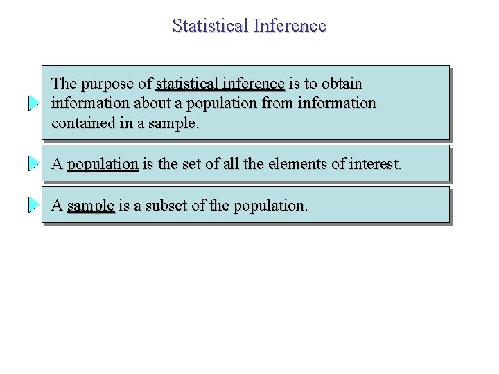 Statistical Inference The purpose of statistical inference is to obtain information about a population Statistical Inference The purpose of statistical inference is to obtain information about a population