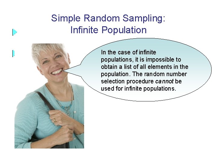 Simple Random Sampling: Infinite Population In the case of infinite populations, it is impossible
