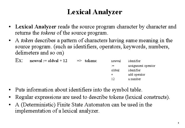 Lexical Analyzer • Lexical Analyzer reads the source program character by character and returns