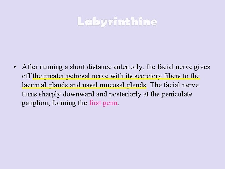 Labyrinthine • After running a short distance anteriorly, the facial nerve gives off the