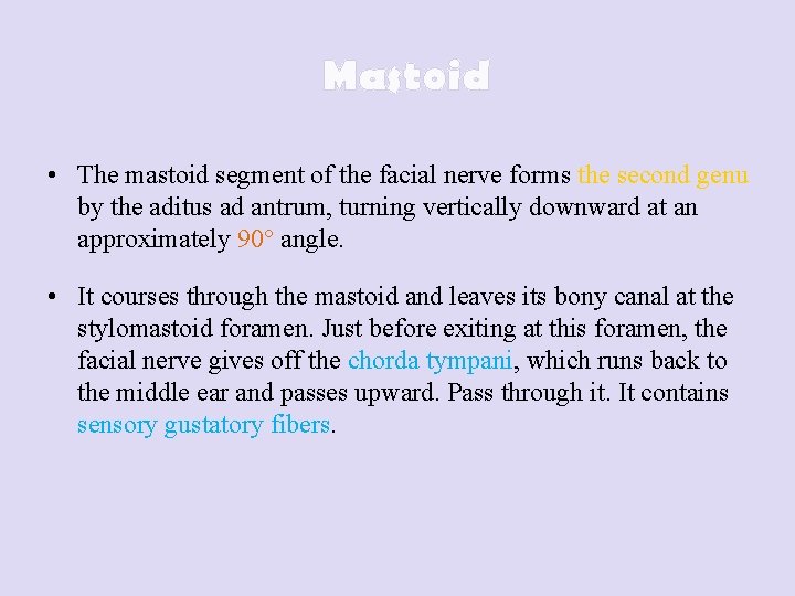 Mastoid • The mastoid segment of the facial nerve forms the second genu by