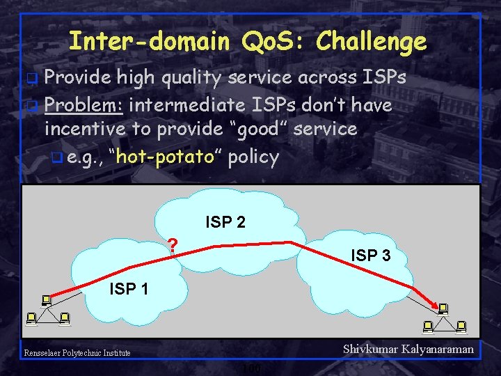 Inter-domain Qo. S: Challenge Provide high quality service across ISPs q Problem: intermediate ISPs