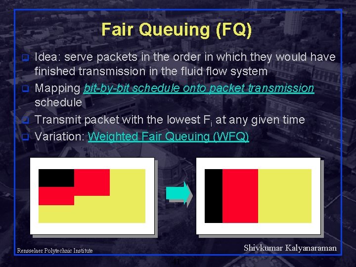 Fair Queuing (FQ) q q Idea: serve packets in the order in which they