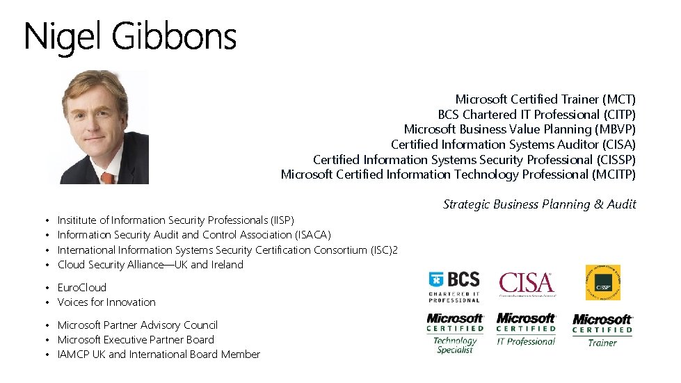 Microsoft Certified Trainer (MCT) BCS Chartered IT Professional (CITP) Microsoft Business Value Planning (MBVP)