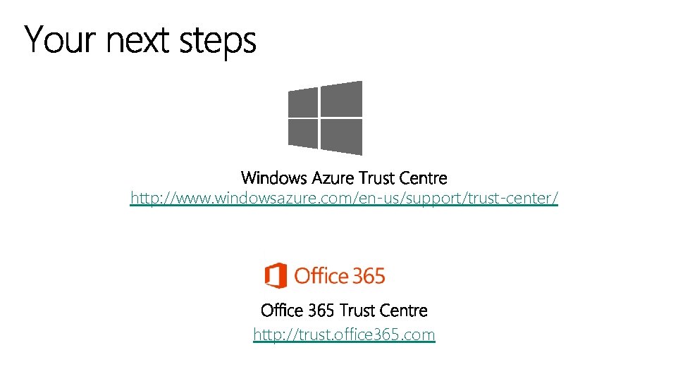 http: //www. windowsazure. com/en-us/support/trust-center/ http: //trust. office 365. com 