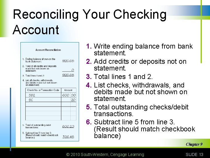 Reconciling Your Checking Account 1. Write ending balance from bank statement. 2. Add credits