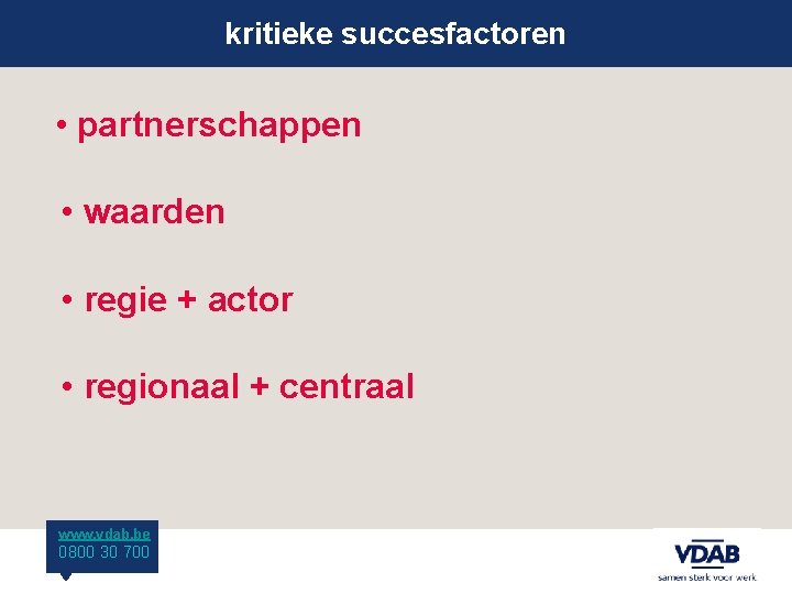 kritieke succesfactoren • partnerschappen • waarden • regie + actor • regionaal + centraal