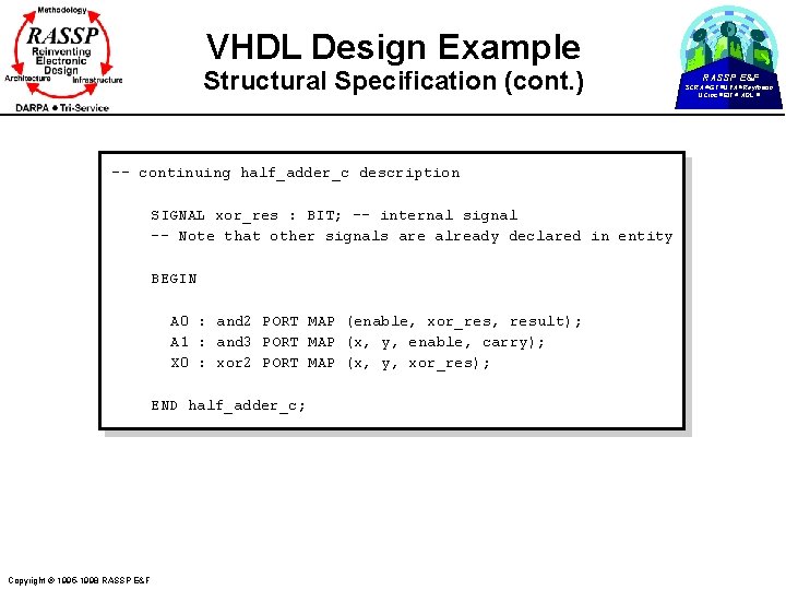 VHDL Design Example Structural Specification (cont. ) -- continuing half_adder_c description SIGNAL xor_res :