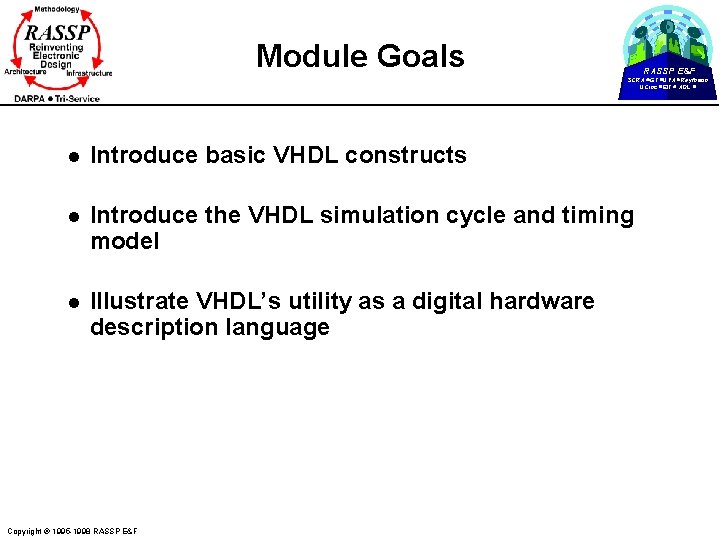Module Goals RASSP E&F SCRA GT UVA Raytheon UCinc EIT ADL l Introduce basic