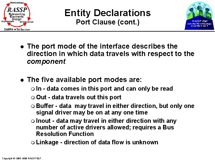 Entity Declarations Port Clause (cont. ) RASSP E&F SCRA GT UVA Raytheon UCinc EIT