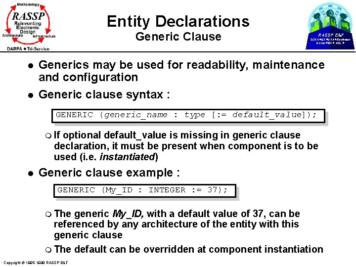 Entity Declarations Generic Clause l l RASSP E&F SCRA GT UVA Raytheon UCinc EIT
