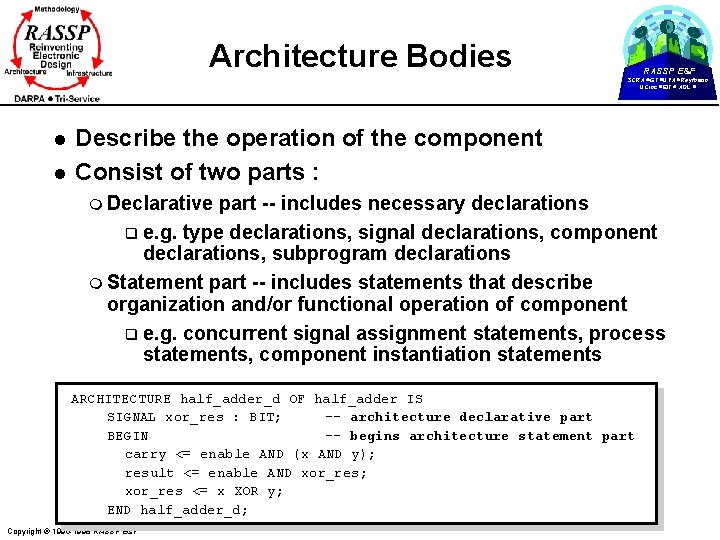 Architecture Bodies RASSP E&F SCRA GT UVA Raytheon UCinc EIT ADL l l Describe