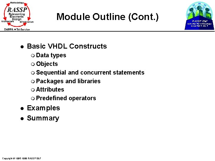 Module Outline (Cont. ) RASSP E&F SCRA GT UVA Raytheon UCinc EIT ADL l