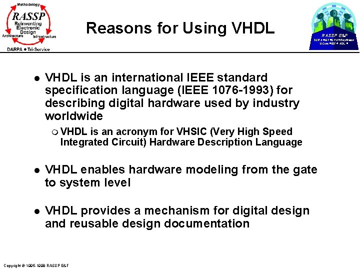 Reasons for Using VHDL RASSP E&F SCRA GT UVA Raytheon UCinc EIT ADL l