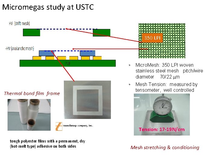 Micromegas study at USTC 350 LPI Thermal bond film frame ◦ Micro. Mesh: 350