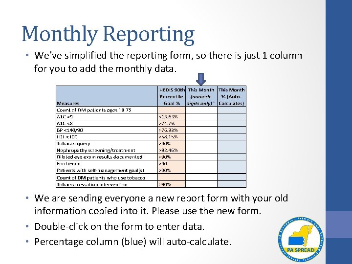 Monthly Reporting • We’ve simplified the reporting form, so there is just 1 column