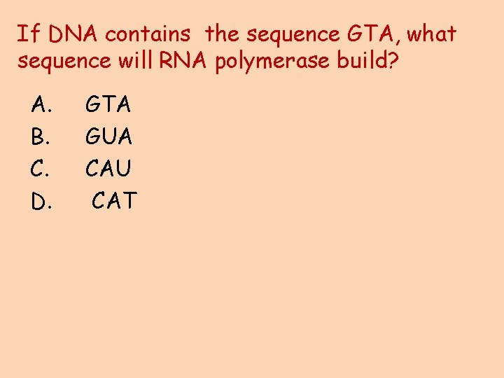 If DNA contains the sequence GTA, what sequence will RNA polymerase build? A. B.