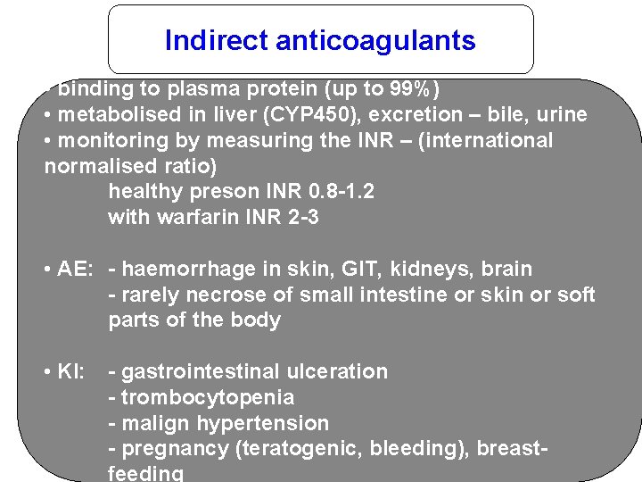 Indirect anticoagulants • binding to plasma protein (up to 99%) • metabolised in liver