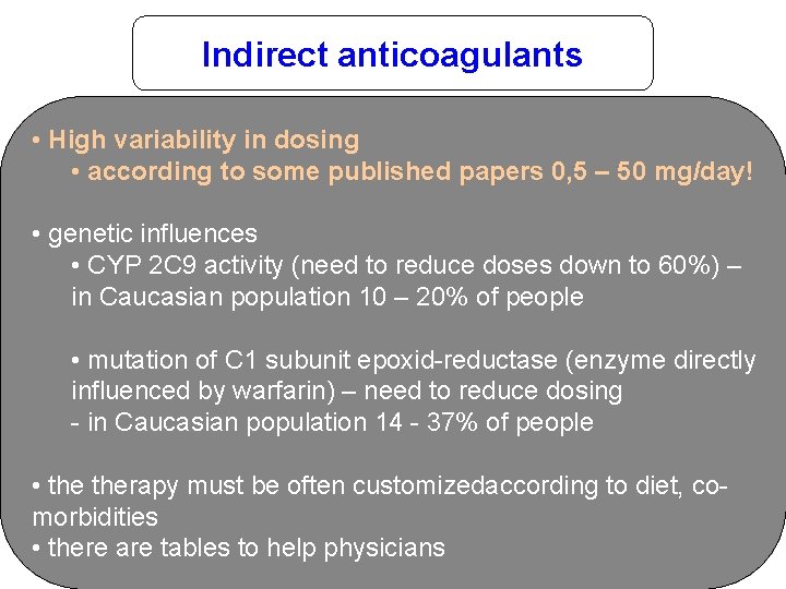 Indirect anticoagulants • High variability in dosing • according to some published papers 0,