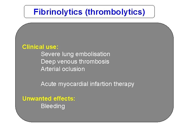 Fibrinolytics (thrombolytics) Clinical use: Severe lung embolisation Deep venous thrombosis Arterial oclusion Acute myocardial