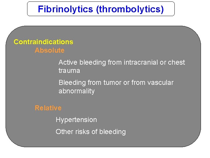 Fibrinolytics (thrombolytics) Contraindications Absolute Active bleeding from intracranial or chest trauma Bleeding from tumor