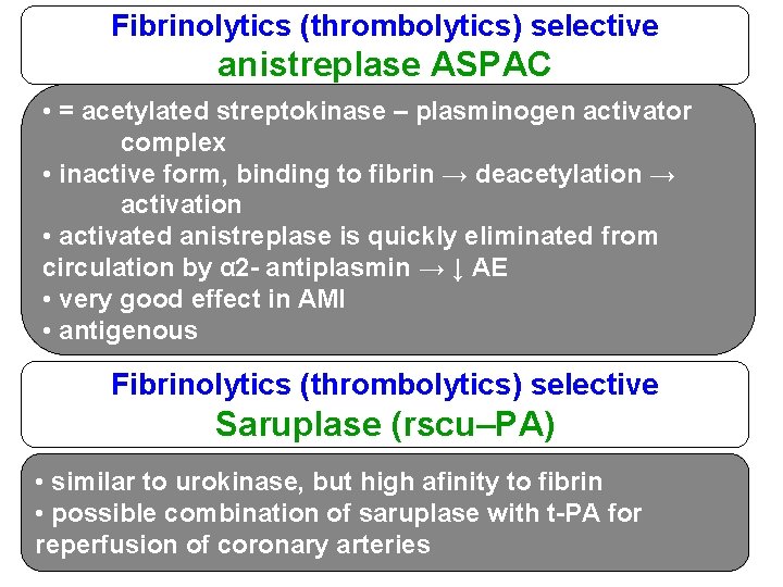 Fibrinolytics (thrombolytics) selective anistreplase ASPAC • = acetylated streptokinase – plasminogen activator complex •