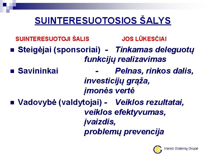 SUINTERESUOTOSIOS ŠALYS SUINTERESUOTOJI ŠALIS n n n JOS LŪKESČIAI Steigėjai (sponsoriai) - Tinkamas deleguotų