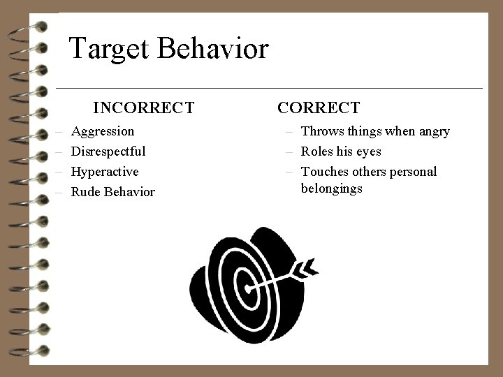 Target Behavior INCORRECT – – Aggression Disrespectful Hyperactive Rude Behavior CORRECT – Throws things