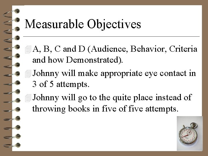 Measurable Objectives 4 A, B, C and D (Audience, Behavior, Criteria and how Demonstrated).