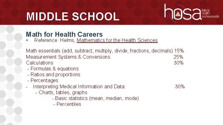 MIDDLE SCHOOL Math for Health Careers • Reference: Helms, Mathematics for the Health Sciences