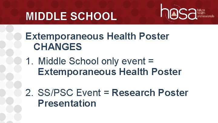 MIDDLE SCHOOL Extemporaneous Health Poster CHANGES 1. Middle School only event = Extemporaneous Health